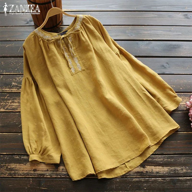 

ZANZEA Women's Embroidery Blouse Lantern Sleeve Shirts Elegant Linen Tops 2019 Plus Size Bow Casual Blusas Chemise Top Tunic