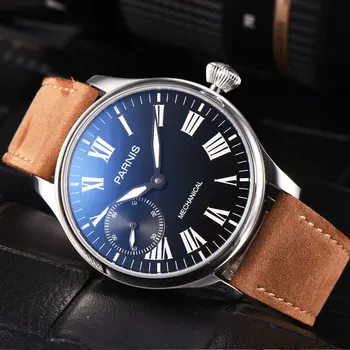 

44mm parnis Black Dial SS Case Luminous marks 2019 Romantic Valentines gifts Leather strap 6497 Hands Wind Movement men's Watch