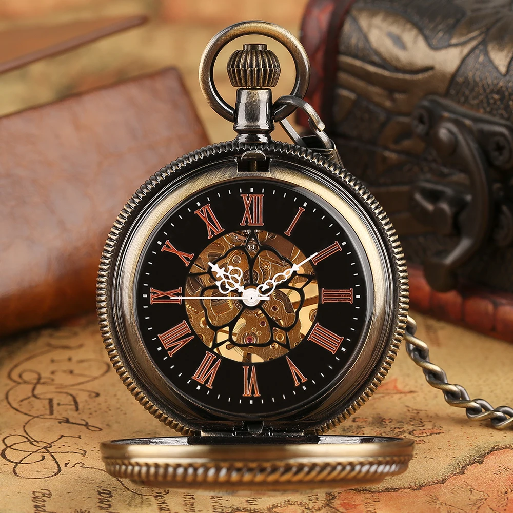 YISUYA Carving Pendant Pocket Watch Hand Winding Mechanical Steampunk Watches Vintage Bronze Ear Round Case Necklace Clock Men (9)