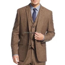 Tailor Winter Brown Tweed Men Suit 3 Pieces Mens Wedding Party Blazer Suits Groom Tuxedo Bridegroom Costume Jacket Pant Vest