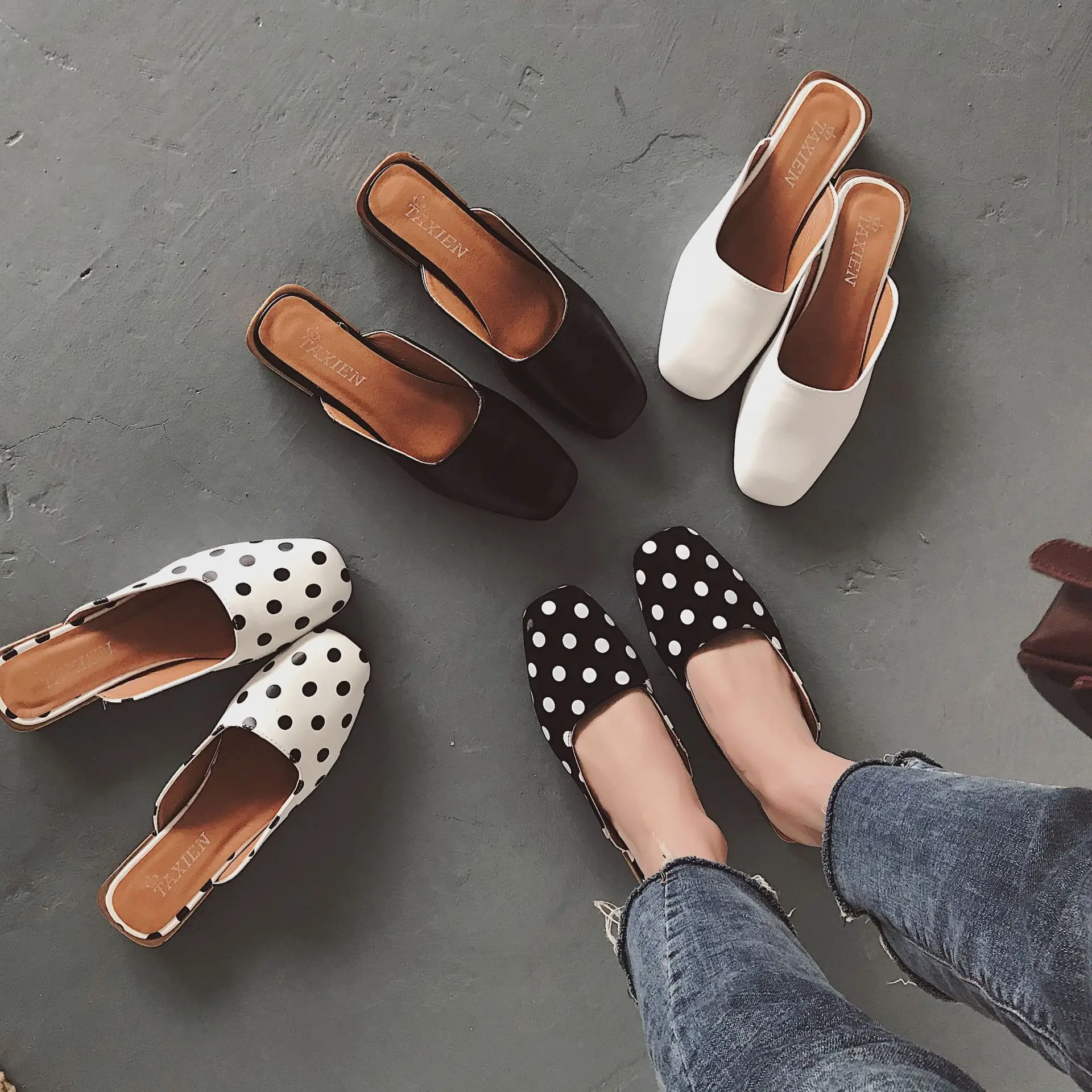 

Women Polka Dot Slippers Square Toe Flat Heel Slides Slip on Mule Spring Summer Shoes Soft