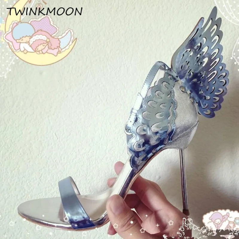 High-end Women Pink Butterfly Sandals Metal Stiletto Heel Metallic Cut-outs Pumps Bling Bling Crystal Celebrity Wedding Shoes