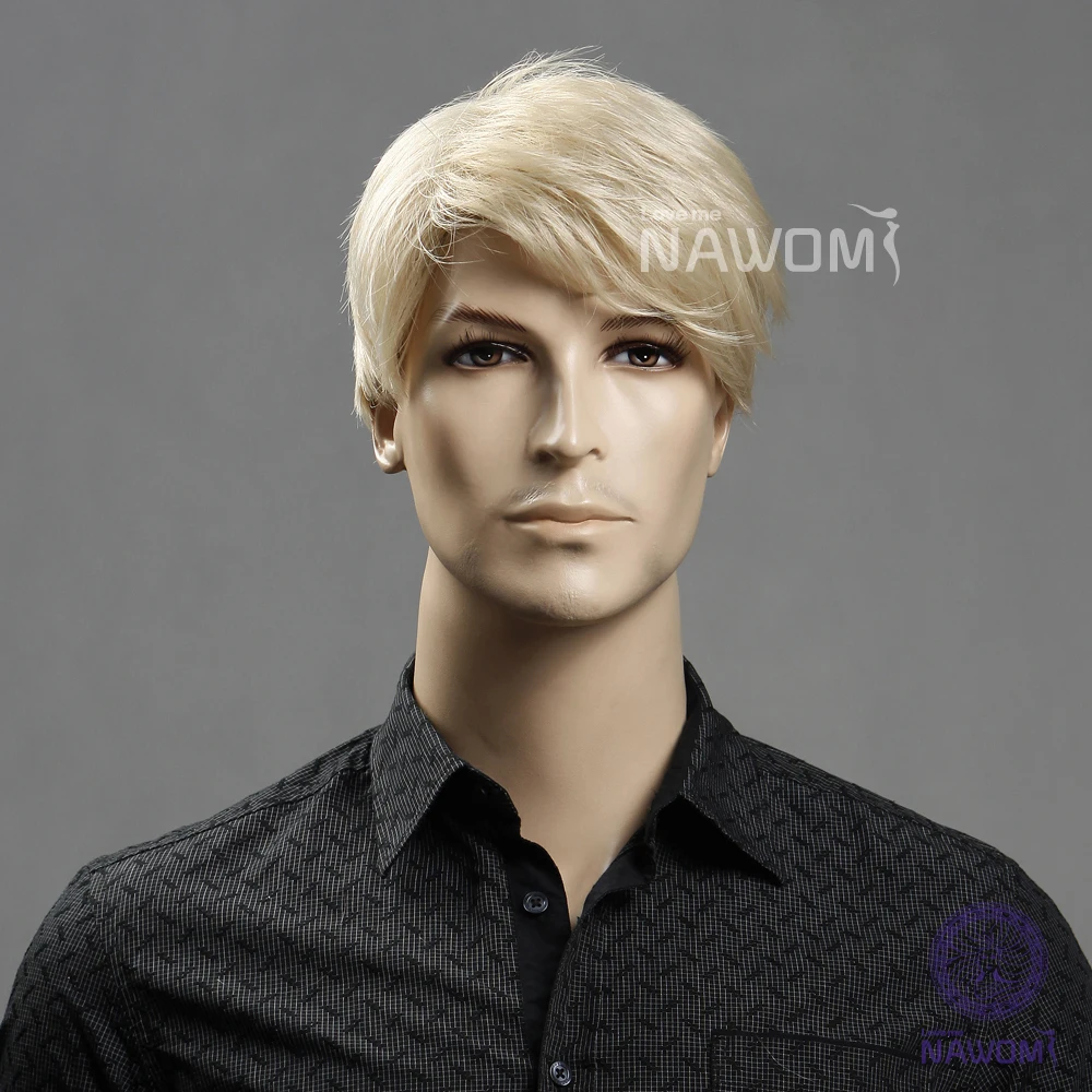 European Kanekalon Side Swept Bang Blonde Ear Length Hairstyle Straight Men Wigs with Wig Cap and Adjustable Buckle | Тематическая