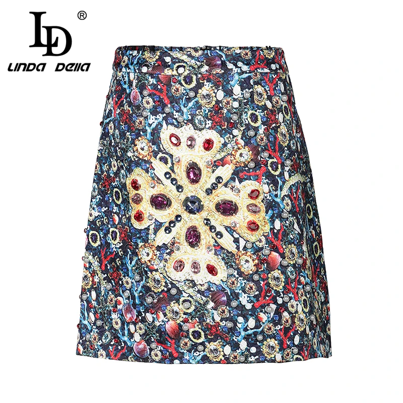 Женская юбка с украшением LD LINDA DELLA, летняя короткая разноцветная юбка с кристаллами-стразами, мини-юбка с принтом