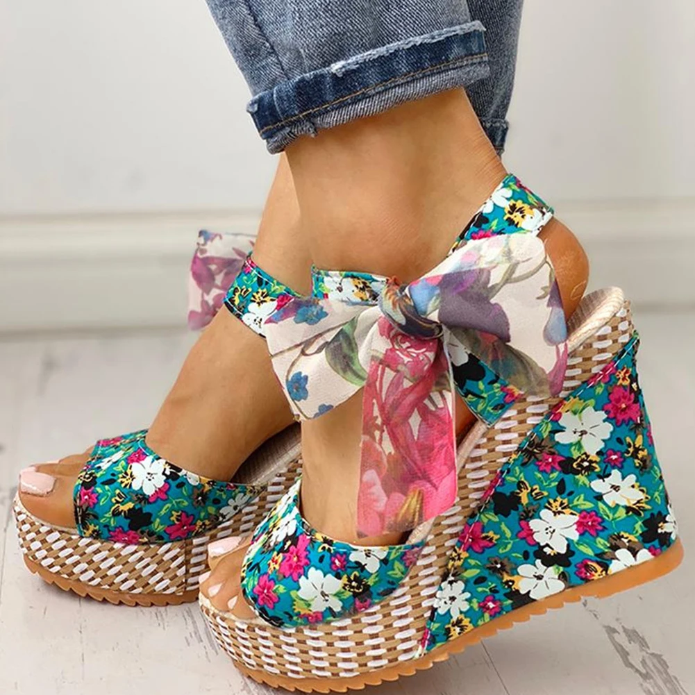 

INS Flowers Print Knot Leisure Women Wedges Shoes 2019 Summer Sandals Woman Bohemian Style Party Platform High Heels Shoes Woman
