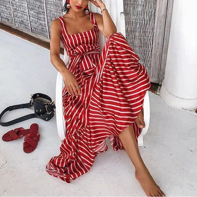 2018 Fashion Striped Summer Dresses Women Strapless Long Dresses With Belt A-line Ruffles Sexy Dress Vestidos Plus Size 3XL Red 2018 Fashion Striped Summer Dresses Women Strapless Long Dresses With Belt A-line Ruffles Sexy Dress Vestidos Plus Size 3XL Red