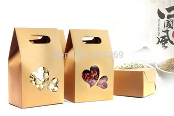 

16*10*6cm Kraft paper heart shape window gift box biscuit food bag Cookies Walnut dry fruit upright stand bag box 200pcs/lot