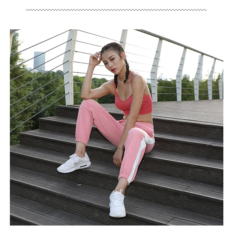 Women Running PantNew fitness trousers, beam pants, reflective strips harem pants, quick-drying yoga, running loose sweatpants - Цвет: Розовый