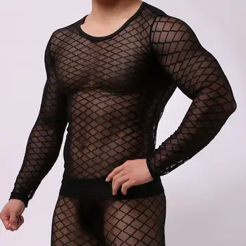 

Super Sexy Rhombus Long-sleeves Transparent T-shirt Fashionable Alternative Men's Shirt Cool Breathable Temptation T-shirts