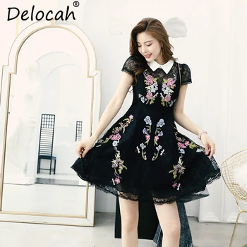 

Delocah New Women Spring Summer Vintage Dress Runway Fashion Designer Lace Hollow Out Floral Embroidery Elegant Vacation Dresses