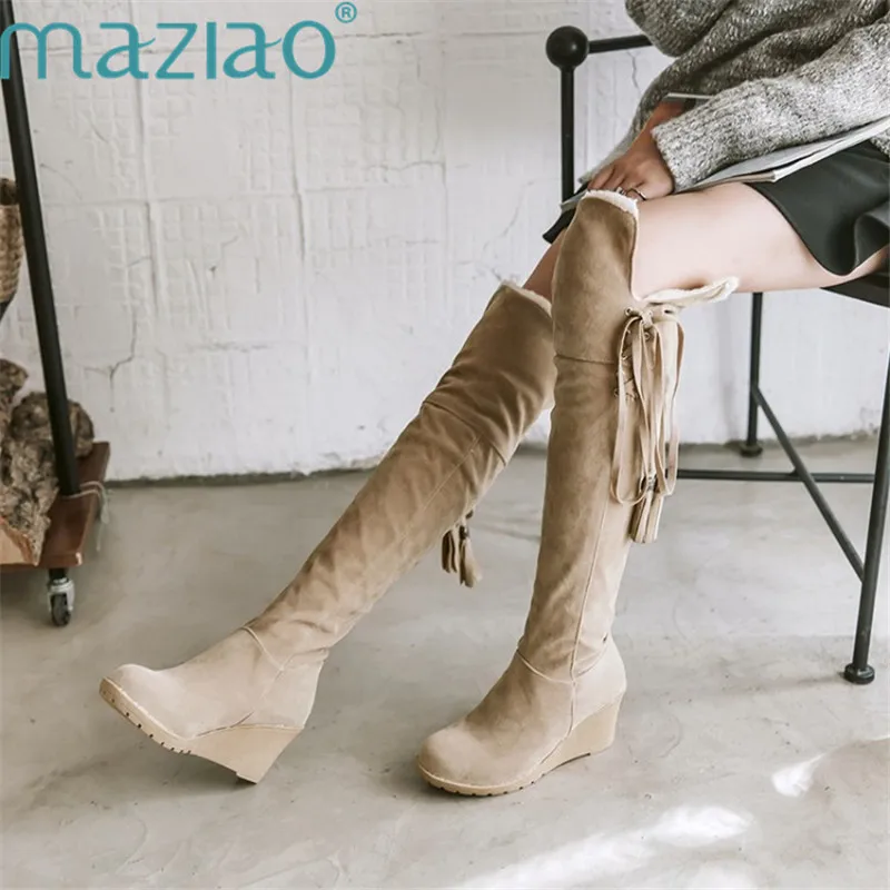 

New Sexy Women Boots Over The Knee High Boots Round Toe Winter Female Wedge Cross Strap Snow Boots MAZIAO