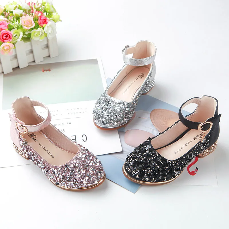 

New Spring Autumn Breathable Fashion Kids Shoes Shining Silver Crystal Noble Princess Girls Shoes