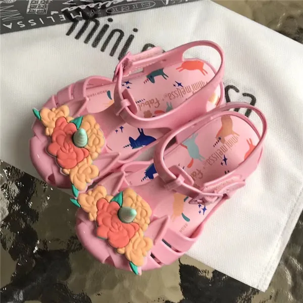 Mini Melissa/ оригинальные брендовые прозрачные сандалии с единорогом и цветами для девочек; римские сандалии для девочек; нескользящие сандалии Melissa для малышей - Цвет: Розовый