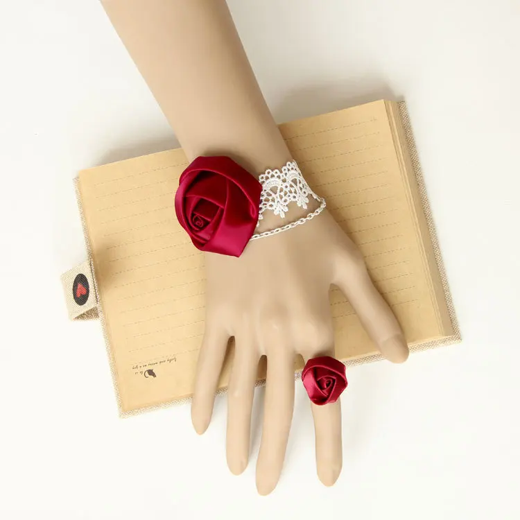 

Fashion Red Rose White Lace Charm Bracelet Bangle for Women Wedding Party Jewelry Accessories Craft Bracelets Ring Set 2015 WS01