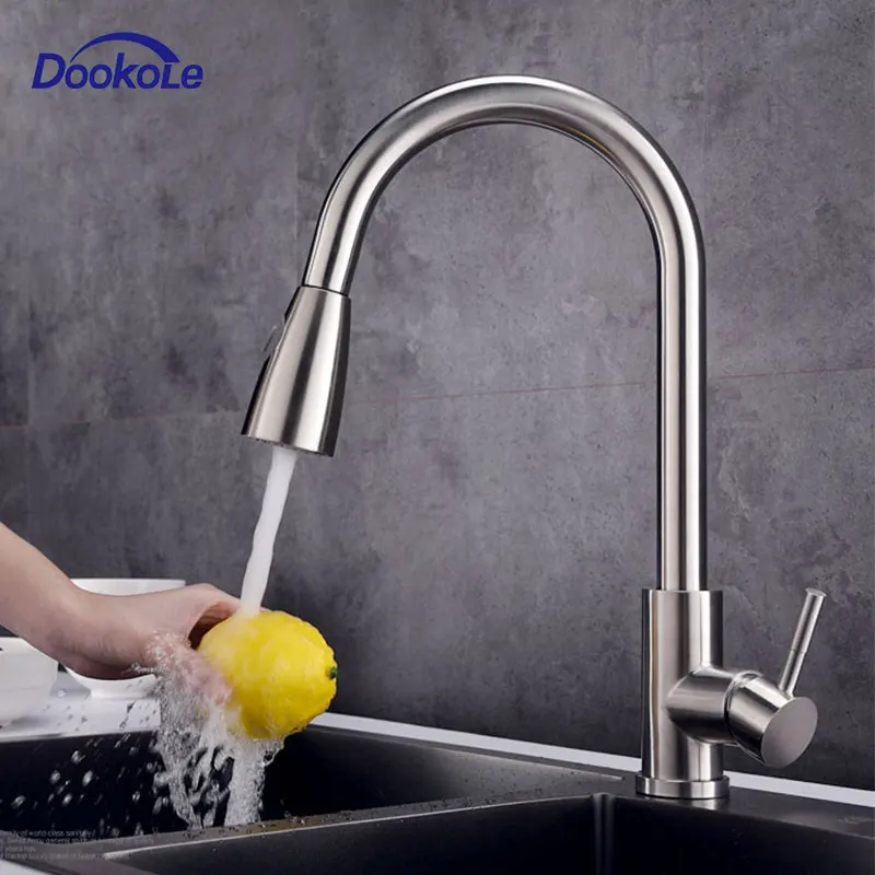 

Stainless Steel Kitchen Sink Faucets with Pull Down Spray, Single Handle Brushed Nickel Cold Hot Mixer Tap Kitchen Faucet