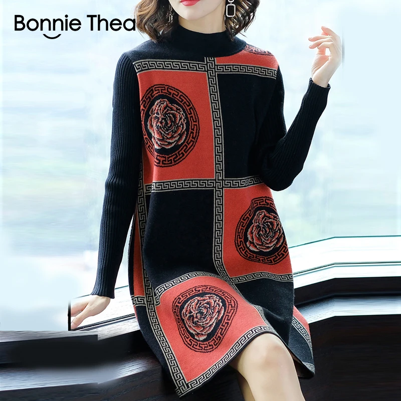 Женское вязаное платье свитер Bonnie Thea черные вечерние платья с высоким воротником