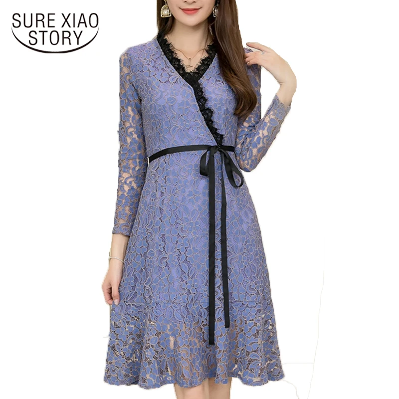 

2019 new women V neck lace long sleeve dresses female elegant plus size chic office lady style casual fashion dresses D121 30