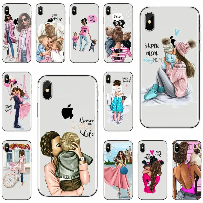 

Phone Case for iphone 7 Fashion Black Brown Hair Baby Mom Girl For iPhone X 5.8 Case for iPhone 6 6s 7 8 Plus TPU Phone Cover