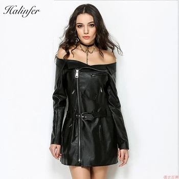 

Halinfer 2018 New summer women dress sexy bodycon slash neck sashes PU dress elegant club celebrity party black dresses vestidos