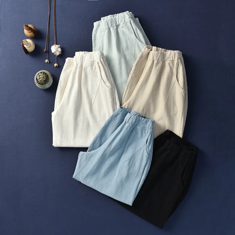 LZJN 2019 New Women Solid Color Pockets Loose Pants Vintage Elastic Waist Cotton Linen Wide Leg Full Length Pants (5)
