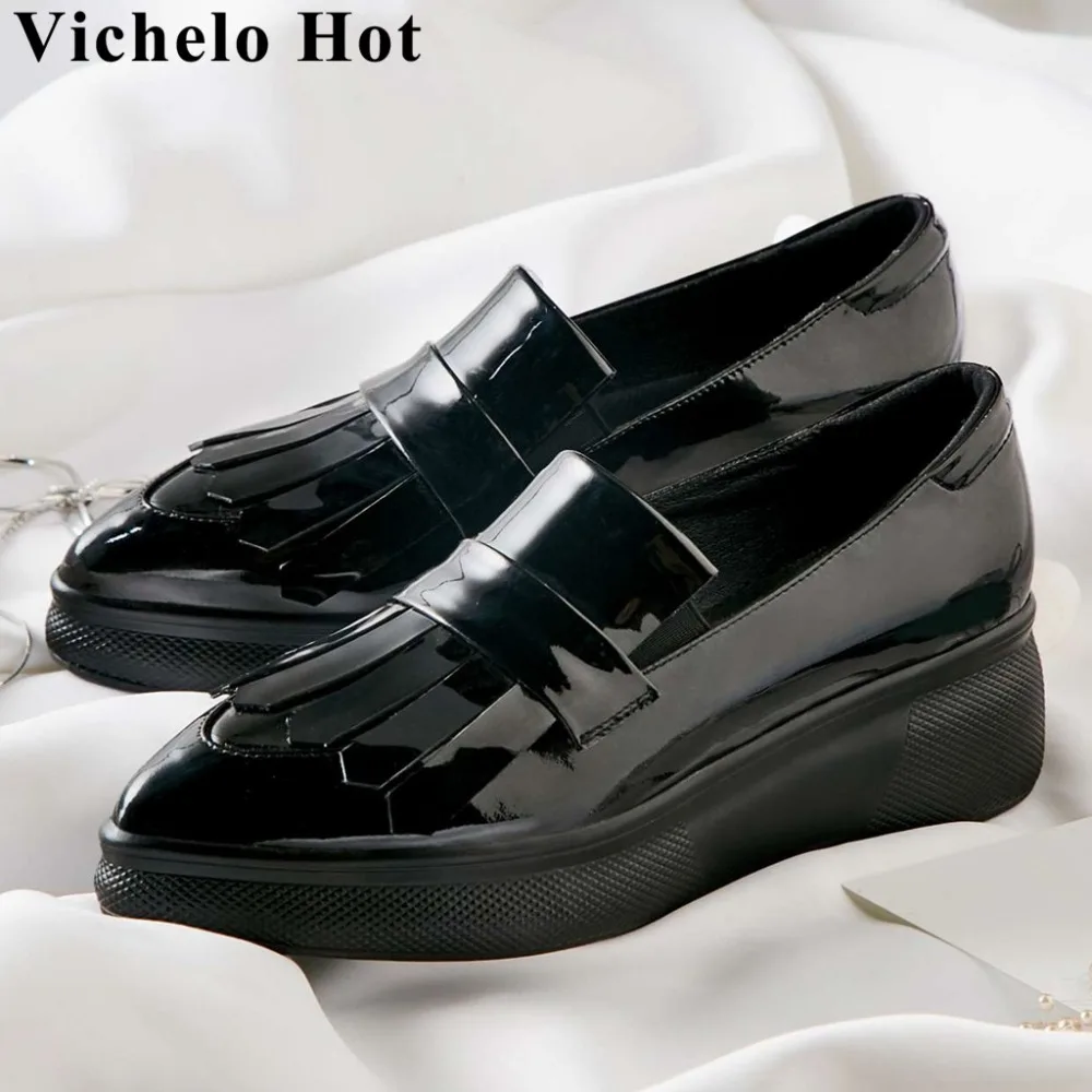 Vichelo/Лидер продаж; Туфли-оксфорды с бахромой; Лоферы без застежки с острым носком; обувь из натуральной кожи на высокой платформе; Вулканизированная обувь; L67