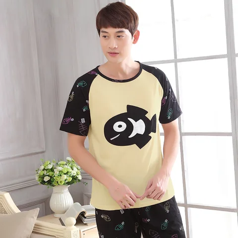 Bonito dos Desenhos Animados de Algodão Pijamas da Juventude dos Homens Conjuntos de Pijama dos Homens Novidades Finos Verão Lazer Casa Duas Peças Pijama 2020 Mod. 366649