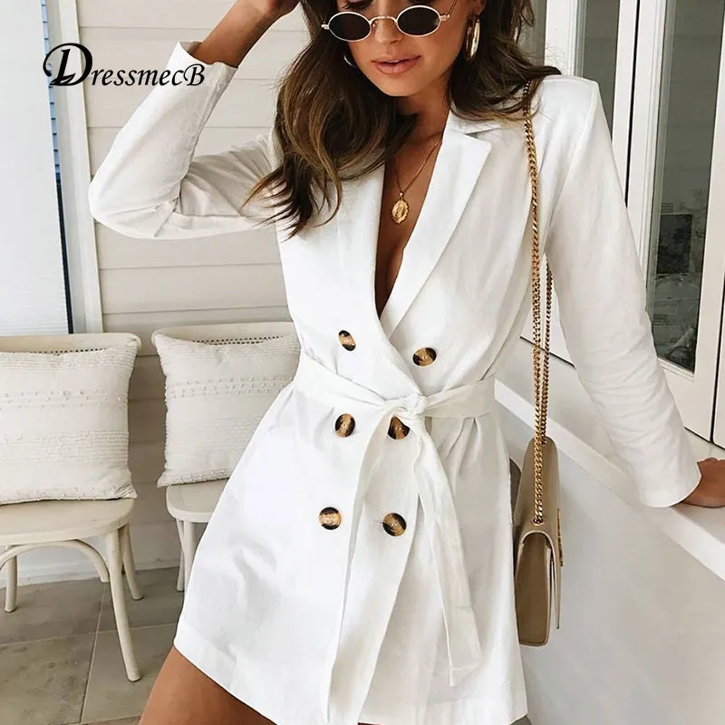 

DRESSMECB New V Neck Autumn Long Coat Women White Solid Color Ladies Formal Trench Coat Sexy Slim Windbreaker Casaco Feminino