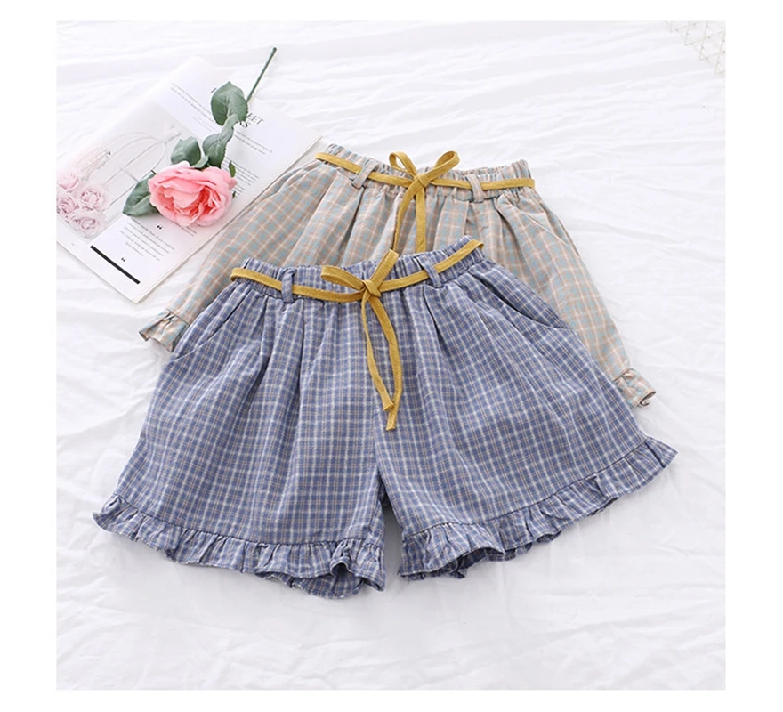 

2019 Summer Children's Pants Girls Cute Middle Waist Belt Pastoral Plaid Cotton Casual Shorts