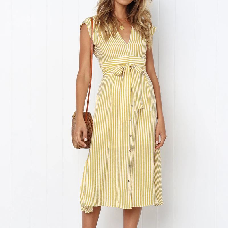 Women's Striped Mid-Calf Dress New Fashion Button Sexy V-Neck Short Sleeve Dresses Vestidos Female Casual Daily Party Sundress