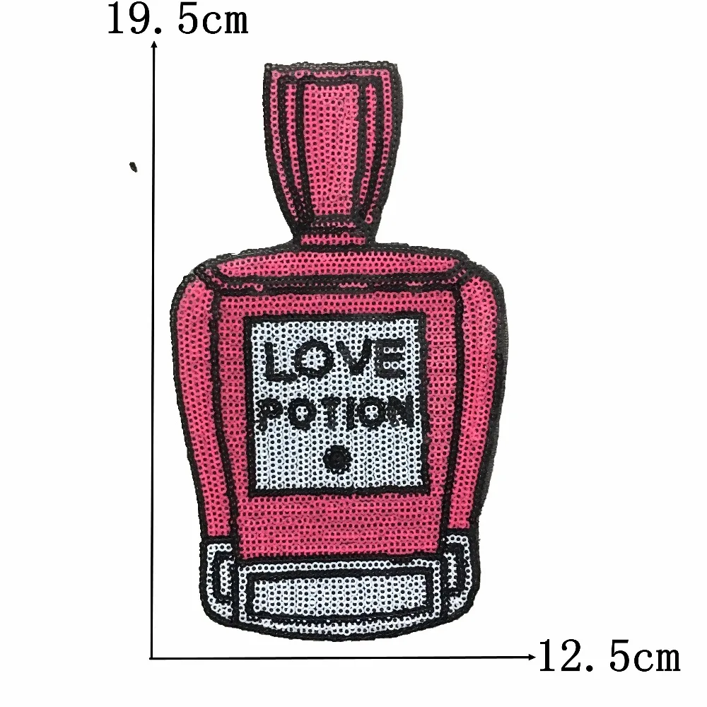 

Pink LOVE POTION Perfume Bottle Patches for Clothing Iron On Patch Hot Melt Adhesive Clothing Accessories Sequined Stickers 2Pcs