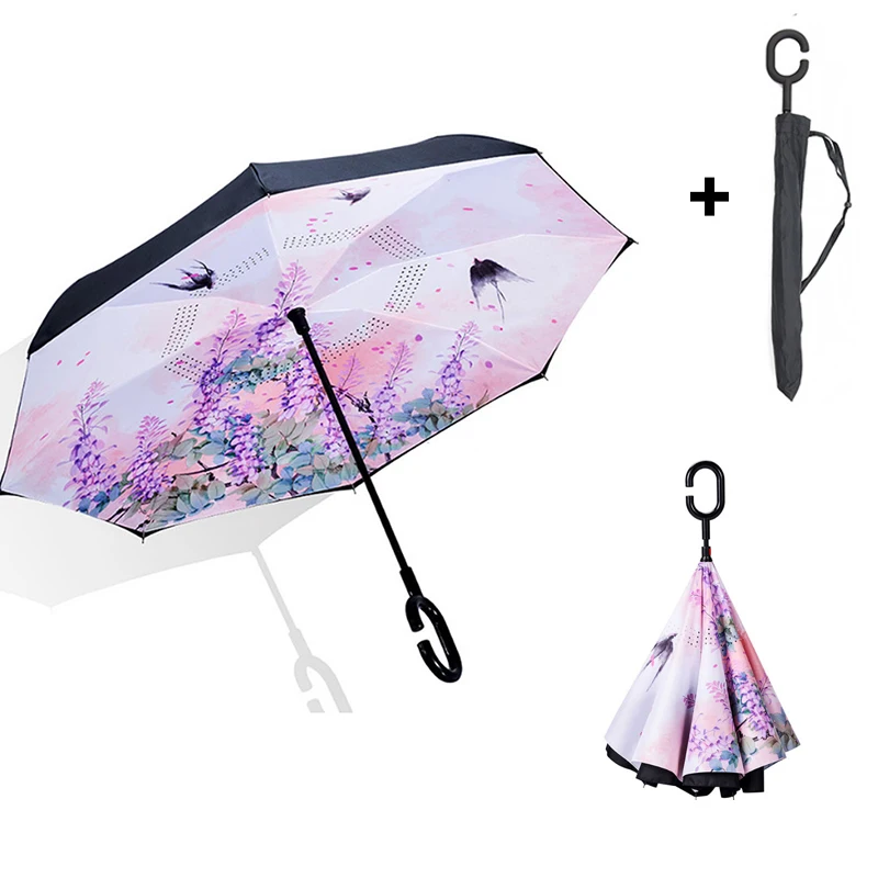 

Birds Painting Reverse Umbrellas For Folding Double Layer Inverted C Hand Holder Women Sunny And Rainy Umbrella Anti-UV Parasol