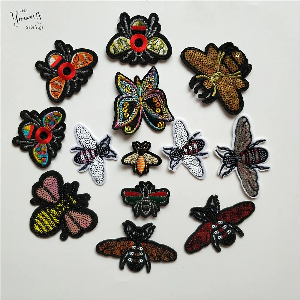 

Bees sequins Hot melt adhesive Patches Embroidery Applique Clothing Fabric iron on patch Badges DIY Clothing decoration Stickers
