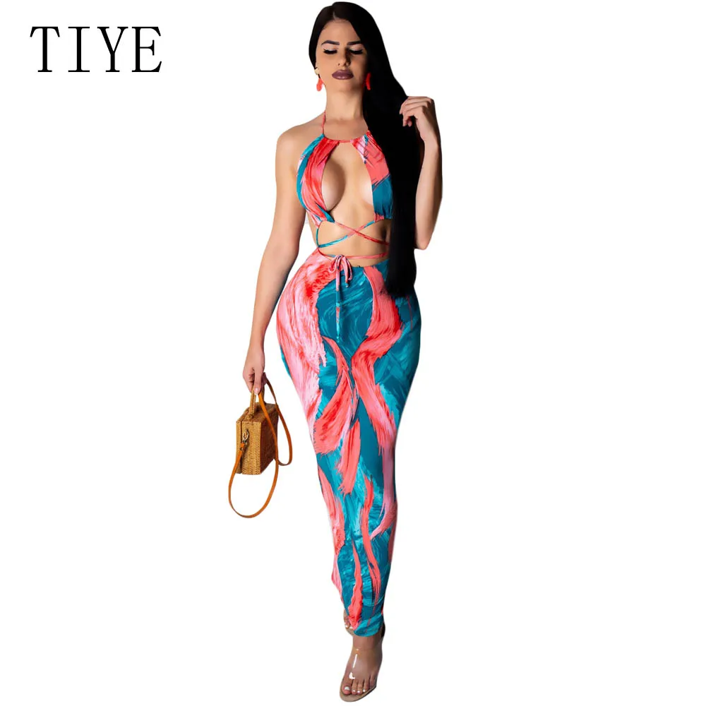 

TIYE Summer Halter Print Long Dress Women Sleeveless Backless Bodycon Maxi Dress Lace Up Hollow Out Bohemian Slim Dresses