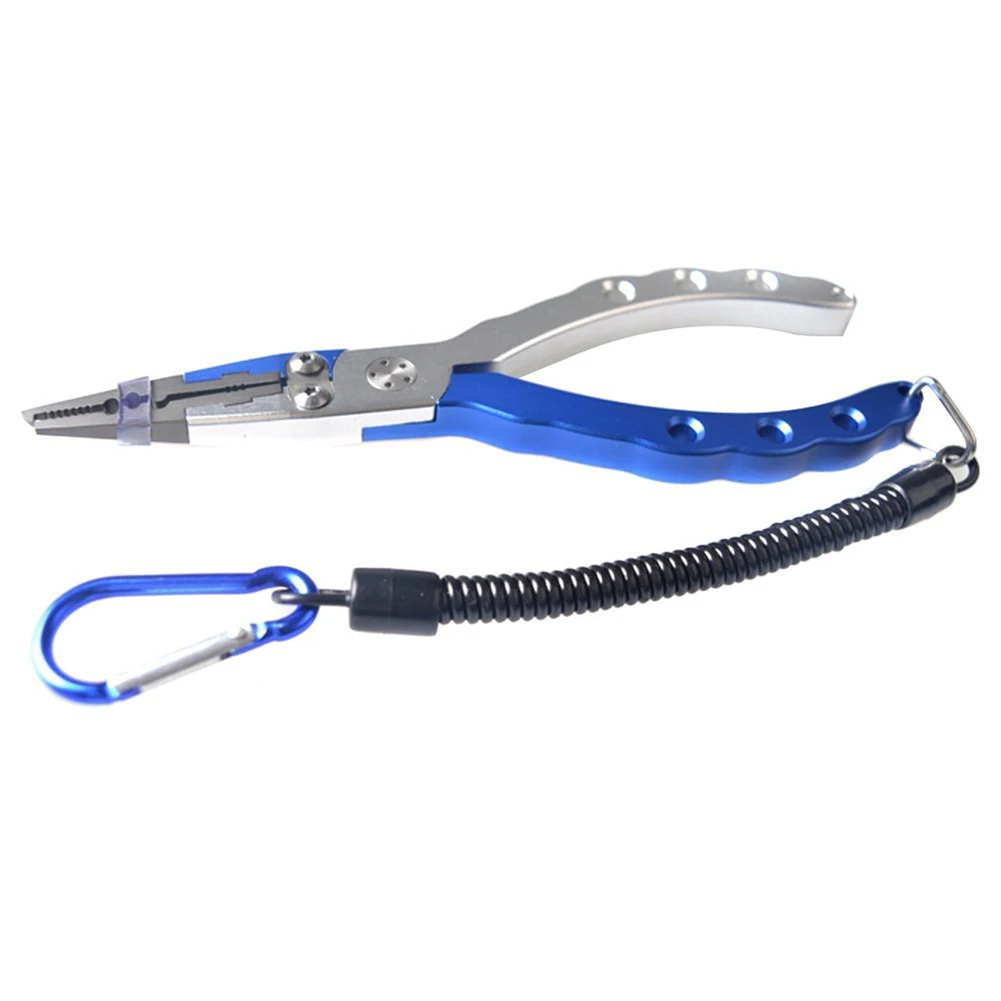

Aluminum Alloy Fishing Pliers Split Ring Cutters Hooks Remover Fishing Holder Tackle with Sheath & Retractable Tether Combo blue