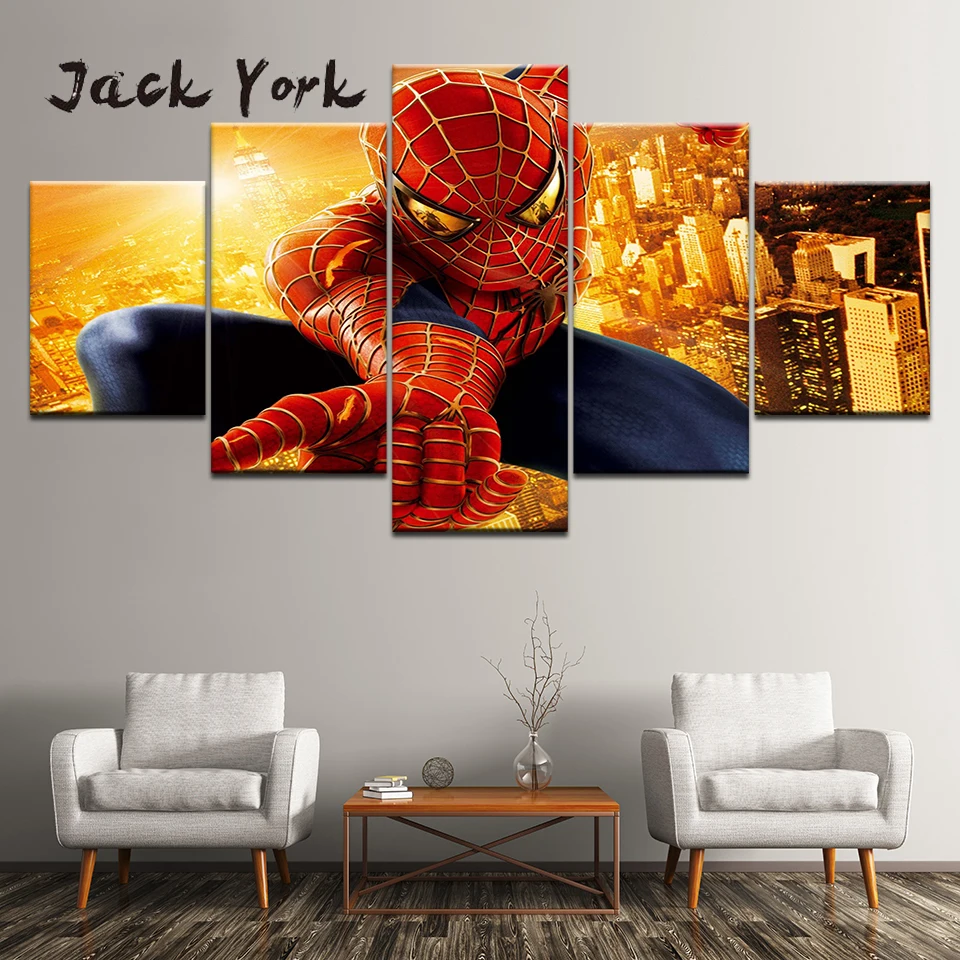 

5Panel HD Printed Red Spider-Man fire building 5 Pieces Wall Art Painting Modular Wallpapers Poster Print living room Home Decor
