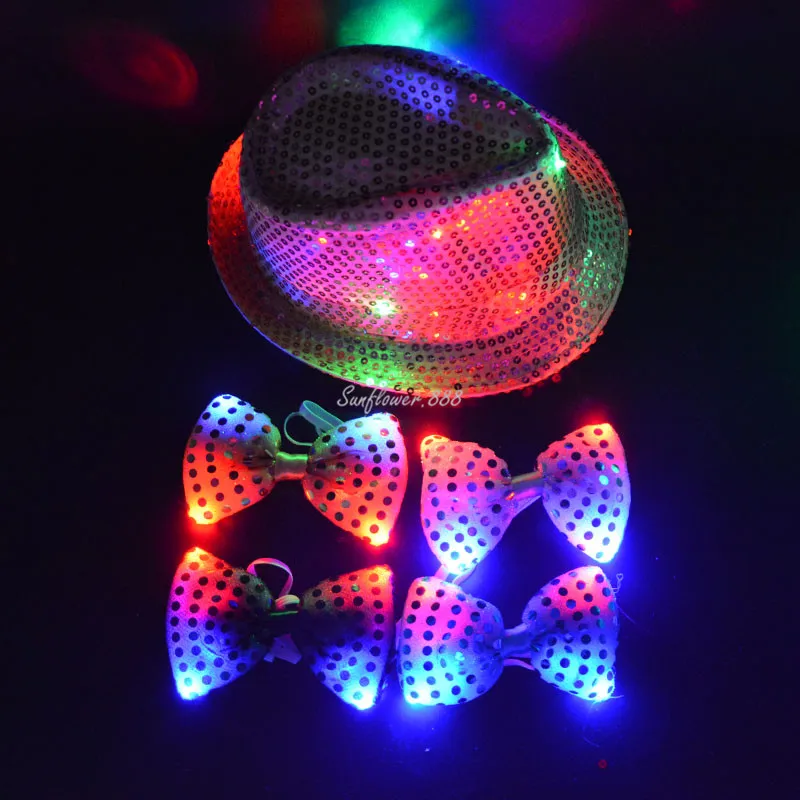 2 компл. мигающий свет светодиодный галстук блесток лук с фетровая шляпа вечерние галстук-бабочка одежда для свадьбы, дня рождения мальчик Для мужчин рождественские
