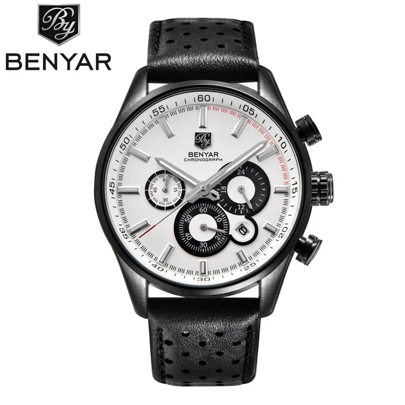

BENYAR Men's Brand Military Watch Casual Fashion Business Quartz Watch Chronograph White Waterproof Leather Men's Sports Watch