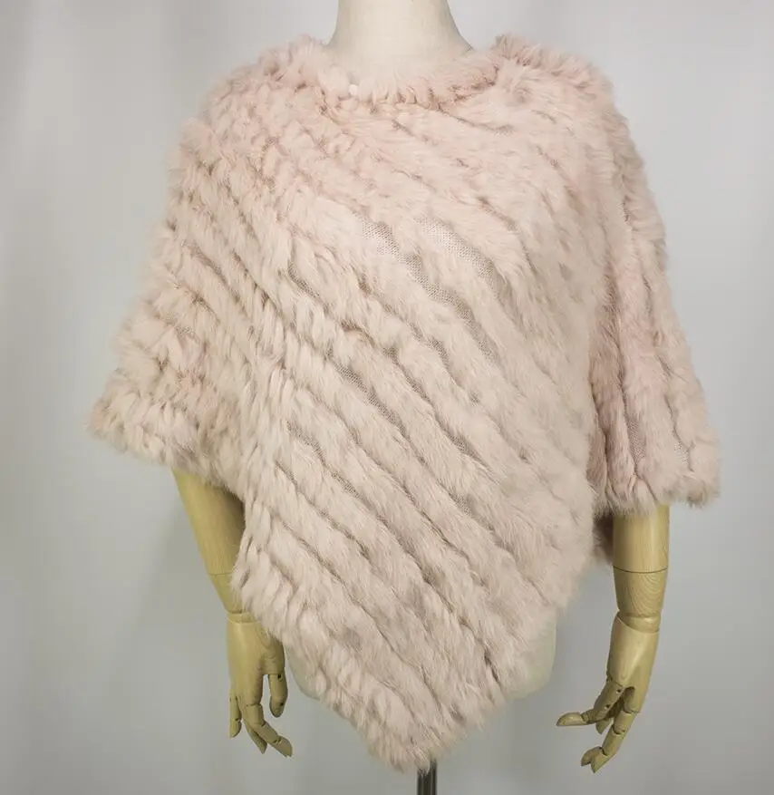 YC Fur теплые зимние шали пончо для женщин ручной вязки из натурального кроличьего меха пончо женские шарфы шали с меховым воротником - Цвет: Pink