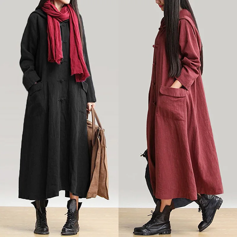 

Bigsweety Vintage Cotton Linen Dress For Women Spring Autumn Long Sleeve Buttons Down Shirt Dress Hooded Loose Casual Long Dress