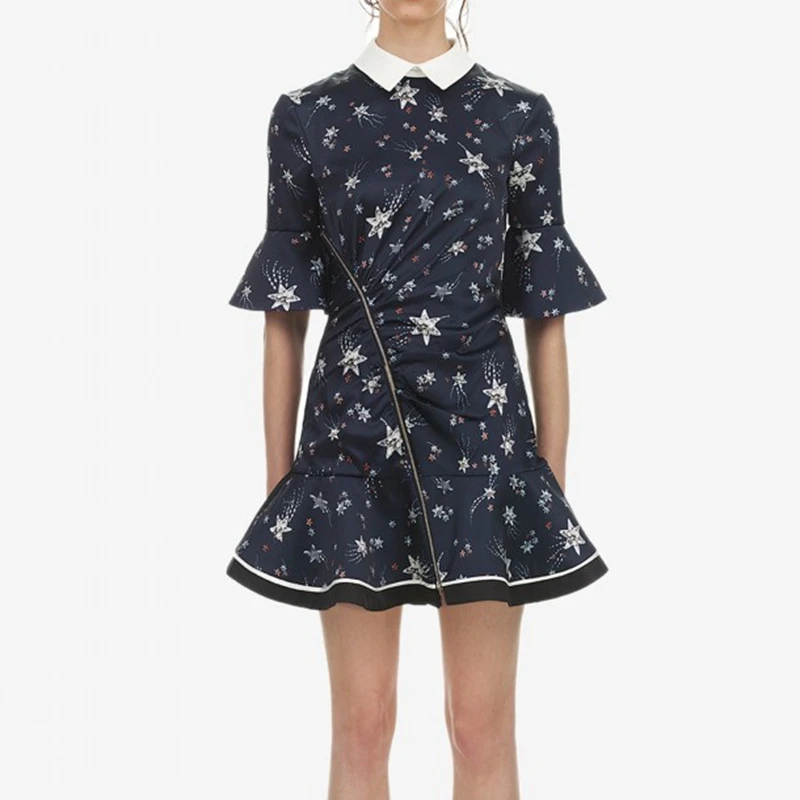 

2019 Spring Self Portrait Printed Dress Runway Women Flare Sleeve Party Dresses
