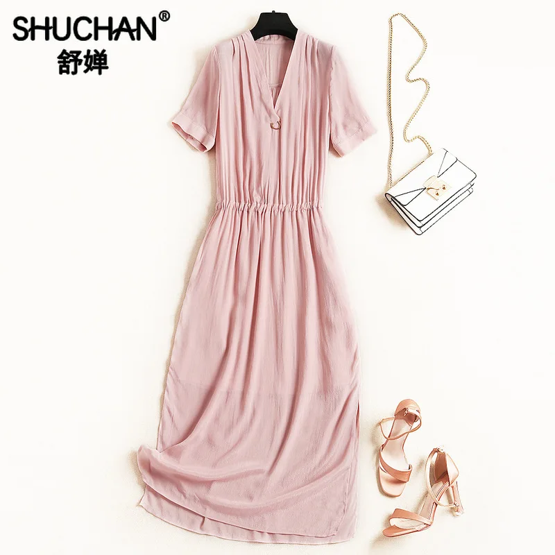

Shuchan Office Lady Elegant Women Dress Korean Ankle-Length Solid O-Neck Casual Dress for Work Vestidos Largos De Verano 51348