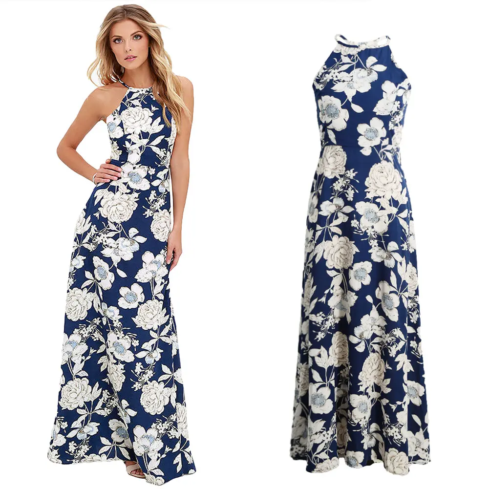 

2018 New Sexy Women Maxi Long Dress Summer Halter Neck Floral Print Sleeveless Beach Holiday Long Slip Dress hot sales