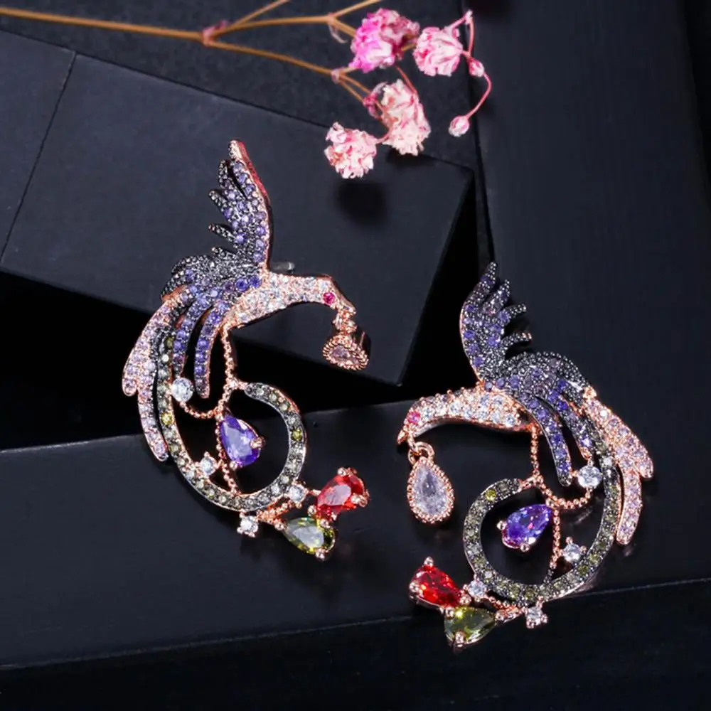 

MECHOSEN Exquisite Colorful Phoenix Bird Earrings Shiny CZ Zircon Copper Accessories Women's Party Engagement Ear Stud Ornaments