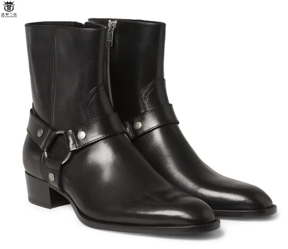 FR. LANCELOT/; ботинки «Челси»; мужские кожаные ботинки черного цвета; ботильоны из натуральной кожи с металлическим украшением; мужские ботинки на молнии с высоким берцем