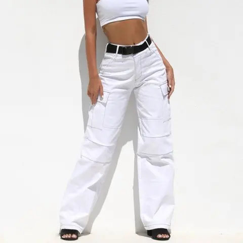 Mujeres Blanco Lado Ace De Alta Denim Pantalón Recta Cinturón Knees Costura Negro Cintura Pocketspanelled Ss2018 Pierna REdAqR