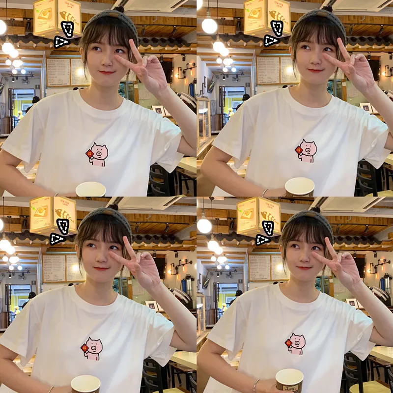 

2019 summer preppy style cartoon embroidery short sleeve t shirts womens tops tee shirt femme (xg637)