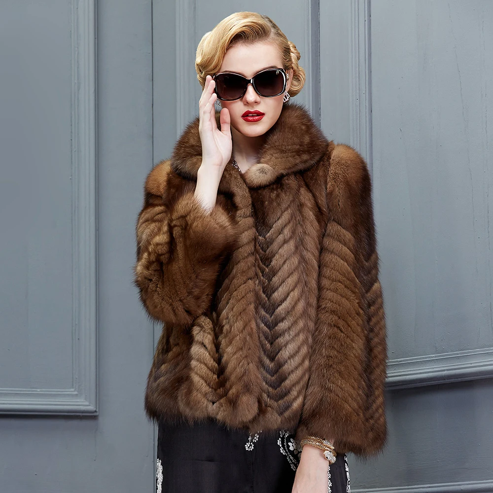 Genuine Mink Fur Coat Women Luxury Fur Jacket Russia Sable Mink Marten 