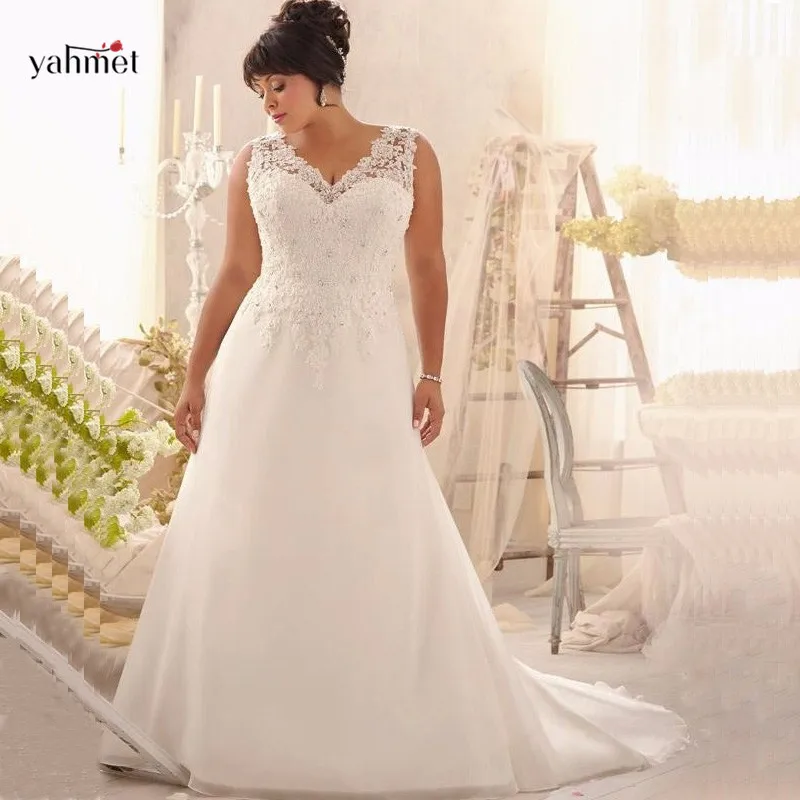 Stock Deep V-neck Plus Size Wedding Dresses Cheap Appliques Beaded Low Back Chiffon Bride Dress 2017 | Свадьбы и торжества