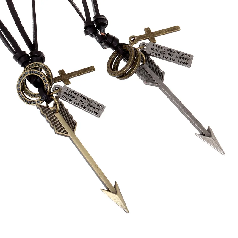 

1pcs Fashion Jewelry Arrow Cross Necklace&Pendant Men Women Personality Leather Cowhide Rope Long Necklaces Punk Male Collare