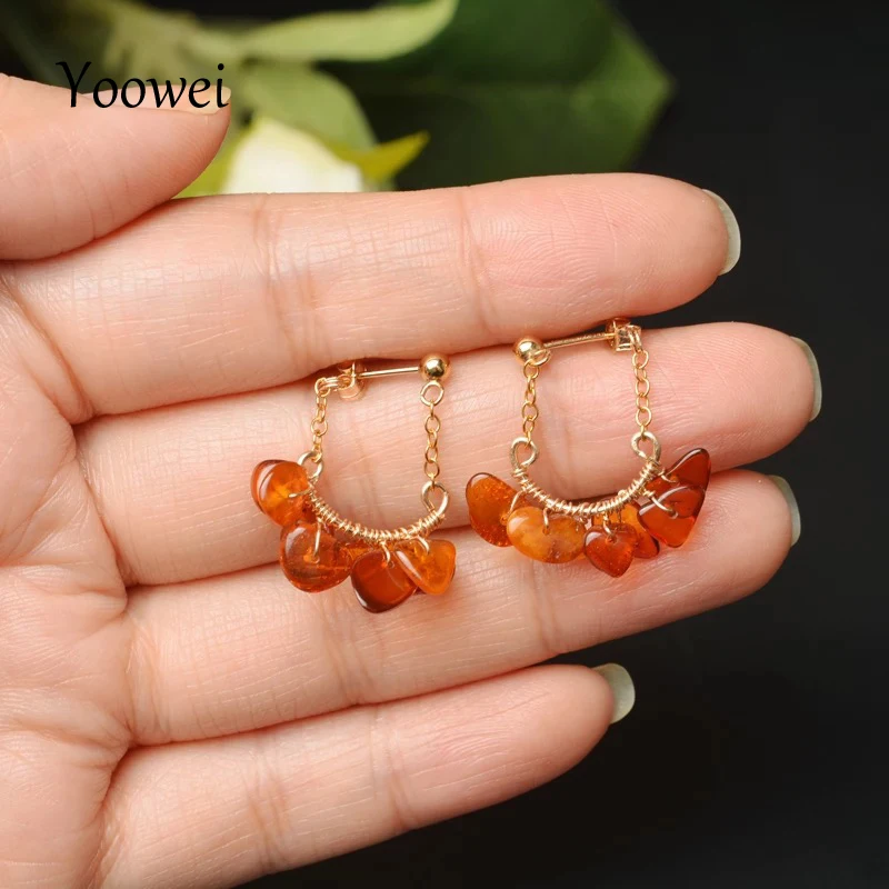 

Yoowei New Natural Amber Chips Earrings for Women 925 Silver Chic Female Earrings Handmade diy Original Amber Jewelry Wholesale